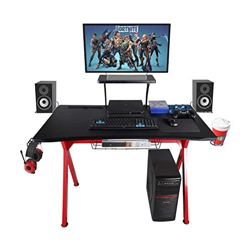 LAZZO X Type Computer Gaming Desk 41" Home Game Table Desk with Display Support Plate, Cup Holder and Headphone Hook,Gamer Workstation, Curved Front Desktop,Red & Black Design(41" Wx23.5 D)