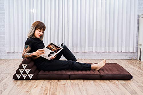 Leewadee Foldout Triangle Thai-Cushion Floor-Seat with Back-Rest TV Pillow Lounge-r Foldable Out-Door Mattress, 31.5x67x15 inches, Kapok, Black red