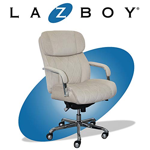 La-Z-Boy Sutherland Quilted Leather Executive Office Chair with Padded Arms, High Back Ergonomic Desk Chair with Lumbar Support, Grey Bonded Leather