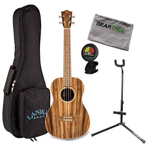 Lanikai ACST-B Solid Top Acacia Baritone Ukulele Bundle w/Bag, Stand, Cloth, and