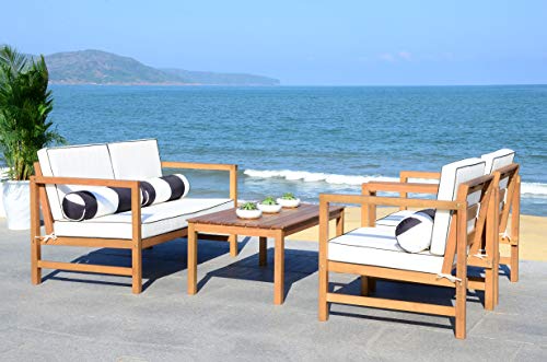 Safavieh PAT7030C Collection Montez Teak and Black and White 4 Pc Accent Pillows Outdoor Set, Natural/Brown