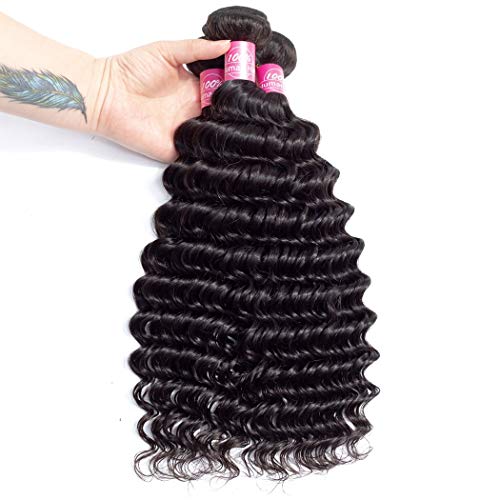 10A Brazilian Deep Wave Human Hair 3 Bundles with Closure (22 24 26 with 20 Closure) Unprocessed Deep Wave Hair Weave Bundles with Lace Closure Middle Part Human Hair Bundles and Closure Natural Color