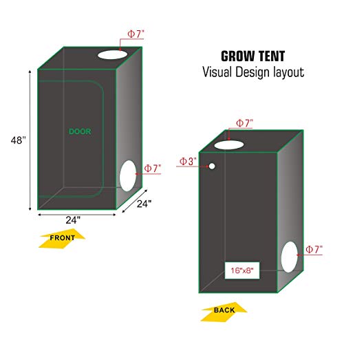 GreenHouser Grow Tent Room Complete Kit Hydroponic Growing System LED 300W/ 600W/ 800W Grow Light +4" Carbon Filter Combo(300W LED Light, 24''x24''x48'')