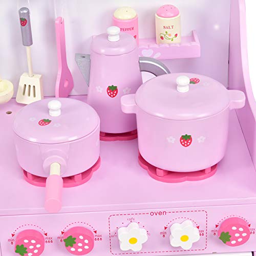 Costzon Kids Kitchen Playset, Toddler Wooden Cookware Pretend Cooking Food Set with Accessories, Toddler Gift Toy(24.4''H, Girl Pink)