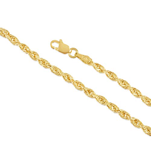 14K Yellow Gold Diamond Cut Rope Chain Necklace for Men and Women – Measures 3mm Thickness x 16 Inches Length
