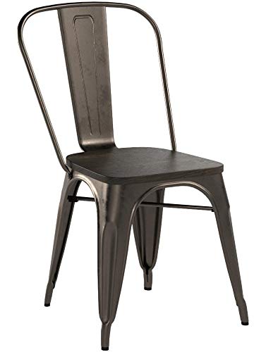 DHP Fusion Metal Dining Chair with Wood Seat, Distressed Metal Finish for Industrial Appeal, Set of two, Bronze