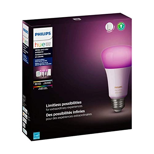 Philips Hue MAIN-54158 White & Color Ambiance LED Starter Kit-3 Multicolor A19 Bulbs, Bridge and Hue Dimmer Switch (Gen 3-Richer Colors), Multi
