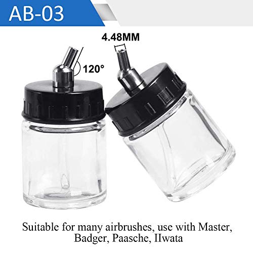 10pcs Glass Jar Airbrush Bottles Set 22cc Transparent Glass Bottle 5pcs AB02 5pcs AB03 Metal Connector with 30° 120°Down Angle Adaptor Lid Assembly Siphon Feed Airbrush, Use with Most airbrushes
