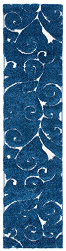 SAFAVIEH Florida Shag Collection SG455 Scrolling Vine Graceful Swirl Textured Non-Shedding Living Room Bedroom Dining Room Entryway Plush 1.2-inch Thick Runner, 2'3" x 15' , Dark Blue / Cream