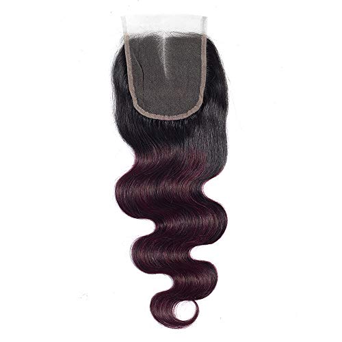 12A Brazilian Remy Hair Body Wave Bundles with Closure 2 Tone Ombre Hair 20" 18" 16" with 14" Free Part Burgundy Dark Wine Red Two Tone Ombre Bundles with Lace Closure