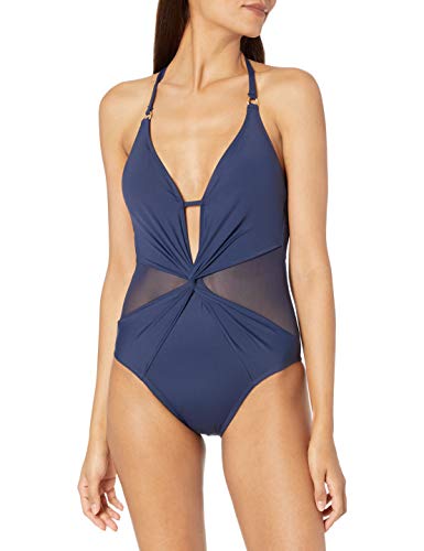 La Blanca Women's Standard V-Front Keyhole Halter One Piece Swimsuit, Indigo//Mesh-Merizing, 12
