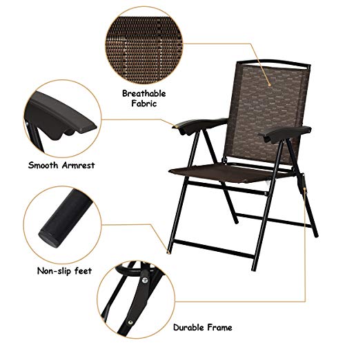 Goplus 5-Piece Bistro Set Outdoor Patio Furniture Weather Resistant Garden Round Table and 4 Folding Sling Chairs (4 Sling Chairs+Wicker Edge Table)
