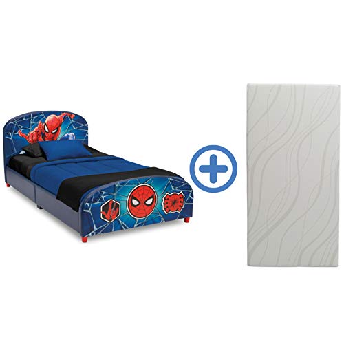 Delta Children Upholstered Twin Bed & 6-Inch Memory Foam Twin Mattress, Marvel Spider-Man