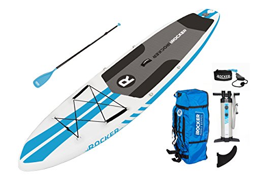 iROCKER All-Around Inflatable Stand Up Paddle Board 11' Long 32" Wide 6" Thick SUP Package (White/Blue Stripe 2018)
