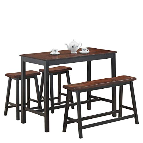 COSTWAY 4 Piece Solid Wood Dining Table Counter Height W/ One Bench & Two Saddle Stools Industrial Style Foot Pads Black & Brown