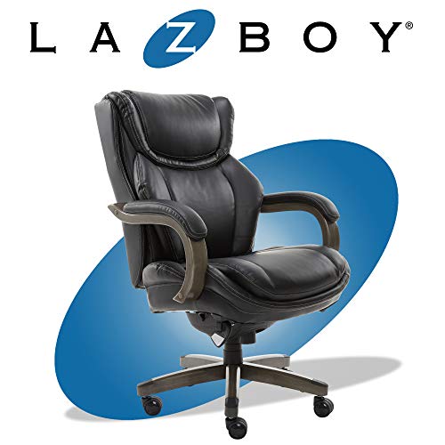 LaZBoy Big & Tall Executive Office Comfort Core Cushions, Ergonomic High-Back Chair with Solid Wood Arms, Bonded Leather, Black