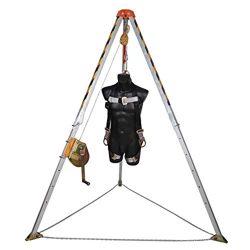 KSEIBI 423990 Aluminum Confined Space Tripod Kit Manhole Entry and Rescue Equipment Set with 65' Winch, Pulley, Carabiner, Fall Protection Safety Harness and Carrying Storage Bag
