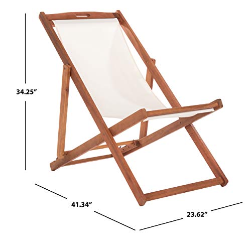 Safavieh PAT7040A-SET2 Outdoor Collection Loren Teak, White Foldable Sling Adirondack Chair, Natural/Navy Stripe