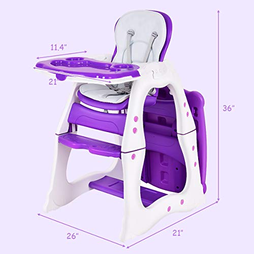 HONEY JOY Baby High Chair, 4-in-1 Convertible Baby Highchair/Booster Seat/Toddler Recliner Chair/Table and Chair Set, Footrest & Safety Harness, 3-Position Adjustable Feeding Tray for Infants(Purple)