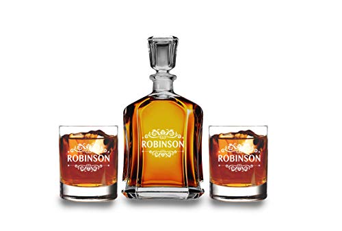 Krezy Case Personalized Liquor Decanter & Whiskey Glasses - Decanter for Groomsmen - Decanter with 2 Whiskey glasses - Classic design with name engraved - Anniversary, Engagement Decanter