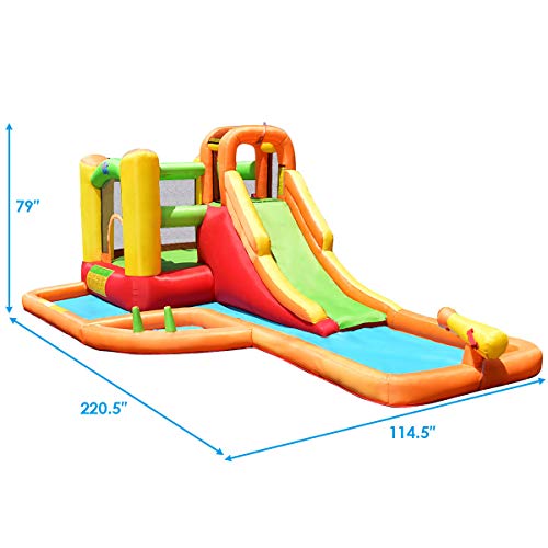 Costzon Inflatable Slide Bouncer, Bounce House with Climbing Wall, Jump Area, Basketball Hoop, Splash Pool