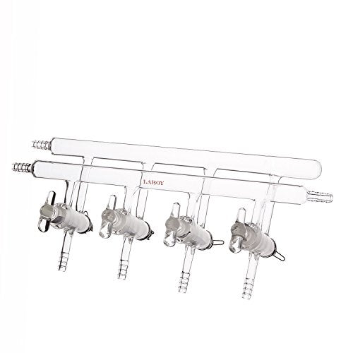 Laboy Glass Double Maniflod Vacuum Gas Distributor for Schlenk Line with 4-Port Solid Glass Stopcock Front-Left-Right &Rear-Left Hose Opens 450mm in Length Chemistry Lab Glassware