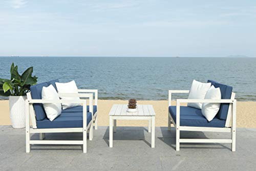 Safavieh PAT7030D Collection Montez White and Navy 4 Pc Accent Pillows Outdoor Set