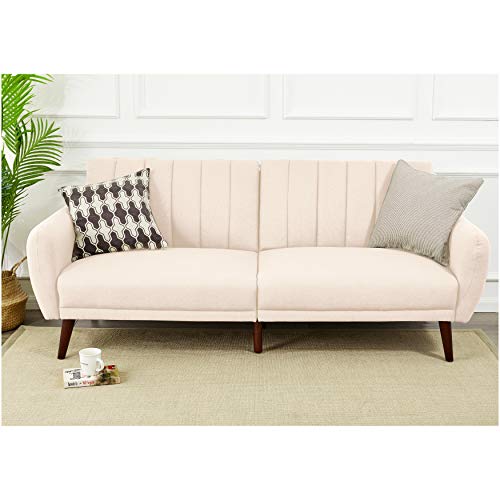 Sunrise Coast Torino Modern Linen-Upholstery Futon with Wooden Legs, Pale Pink