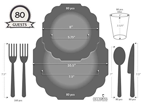 " OCCASIONS" 640 Piece set (80 Guests)-Heavyweight Wedding Party Disposable Plastic Plate Set - 80 x 10.5'' + 80 x 8'' + Silverware + Cups + Napkins (Imperial Ivory & Gold)