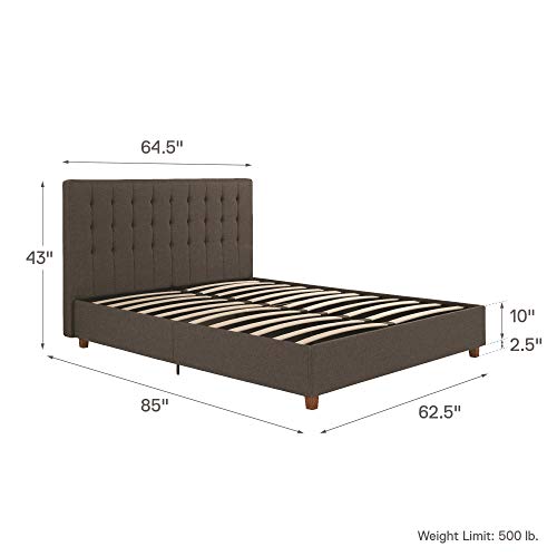 DHP Emily Upholstered Linen Platform Bed with Wooden Slat Support, Tufted Headboard, Queen Size - Grey