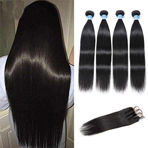 10a Grade Panse Hair Peruvian Straight Human Hair 4 Bundles with Three Part 4x4 Swiss Lace Closure 100% Unprocessed Virgin Hair Extensions 1b Black Color for Women (22 22 24 26+18)