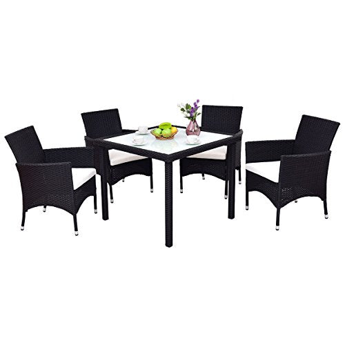 Tangkula 5PCS Patio Wicker Dining Set, Rattan Table  4Chairs Cushioned Seat w/ Removable Cushions Black
