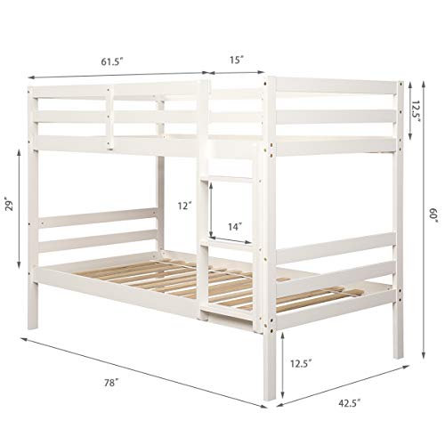 Costzon Twin Bunk Bed, Solid Hardwood with Ladder and Safety Rail, (White)