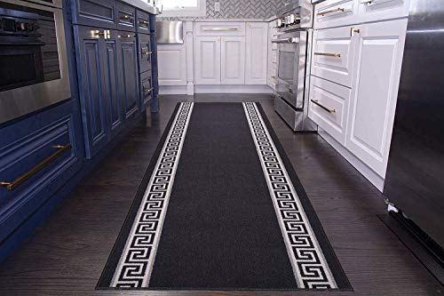 Custom Size Runner Rug Meander Design Roll Runner 26 Inch Wide x Your Length Size Choice Slip Skid Resistant Latex Back Cut to Size (Black, 24 ft x 26 in)