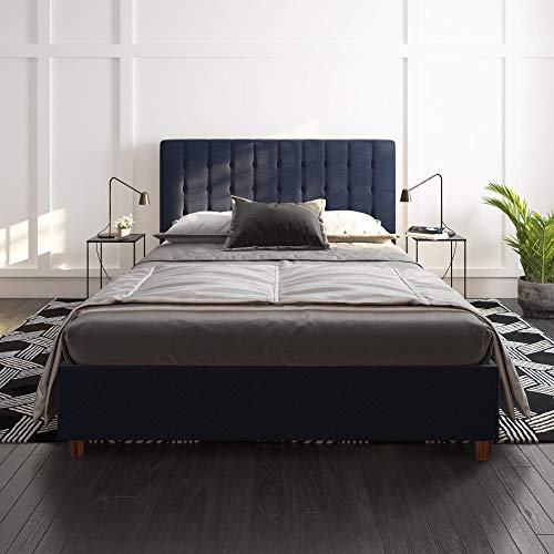 DHP Emily Upholstered Linen Platform Bed with Wooden Slat Support, Tufted Headboard, Queen Size - Blue