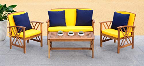 Safavieh PAT7008D Collection Fontana Teak Look 4 Pc Outdoor Set, Natural/Yellow