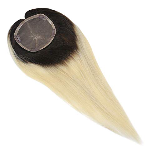 LaaVoo Topper Hair Pieces Straight Human Hairpieces for Women Ombre Darkest Brown to Light Blonde Ombre With Mono Base 5X5 inch Long Topper Hair Extensions 130% Density Free Part Human Hair