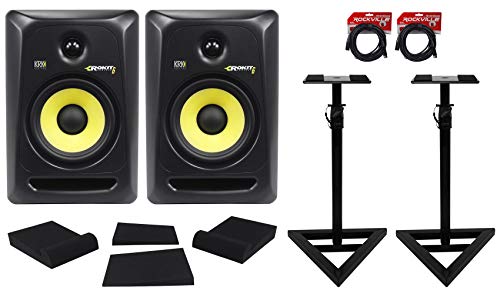 (2) KRK RP6-G3 Rokit Powered 6" Powered Studio Monitors+Stands+MOPAD+2 Cables