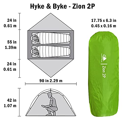 2 Person Backpacking Tent with Footprint - Lightweight Zion Two Man 3 Season, Waterproof, Ultra Compact 2p Freestanding Backpack Tents for Camping and Hiking by Hyke & Byke (Lime Green)