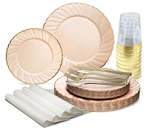 " OCCASIONS" 960pcs set (120 Guests)-Vintage Wedding Party Disposable Plastic Plates -120 x 10.25'' + 120 x 7.5''+Silverware+Gold rim Cups+Napkins (Blossom Blush & Gold)