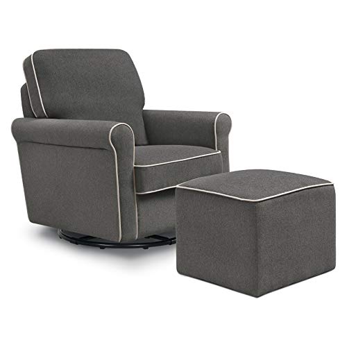 DaVinci Maya Upholstered Swivel Glider and Ottoman, Dark Grey with Cream Piping