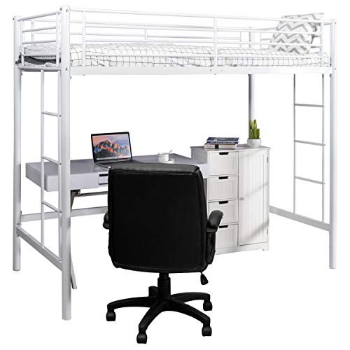 Costzon Loft Twin Bed Single Bunk Bed with Sturdy Steel Frame High Sleeper Multipurpose Use Full Length Guardrails White