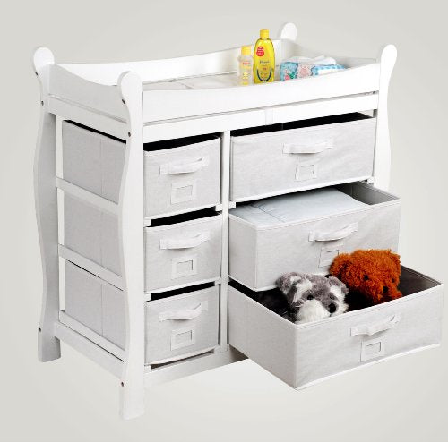 Sleigh Style Baby Changing Table with 6 Storage Baskets and Pad