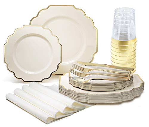 " OCCASIONS" 640 Piece set (80 Guests)-Heavyweight Wedding Party Disposable Plastic Plate Set - 80 x 10.5'' + 80 x 8'' + Silverware + Cups + Napkins (Imperial Ivory & Gold)