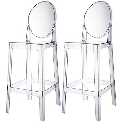 2xhome Set of 2 30” Seat Height Modern Contemporary Bar Stool with Oval Back Armless Polycarbonate Transparent Clear