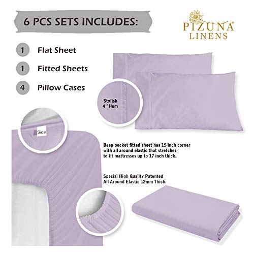 1000 Thread Count Lavender 6 Piece King Sheet Set with 2 Extra Pillow Cases, 100% Long Staple Cotton Smooth Sateen Weave Bed Sheets with Deep Pockets, Value Pack 6 pc Cotton Sheets King Lavender