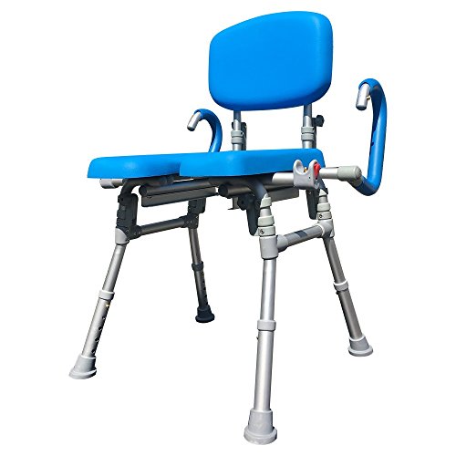 UltraCommode™ Foldable Commode/Shower Chair- Soft, Warm, Padded and Foldable. XL Seat with 100% Open Front, Padded Pivoting Armrests, Adjustable Height. Free Commode Pail. (Blue)