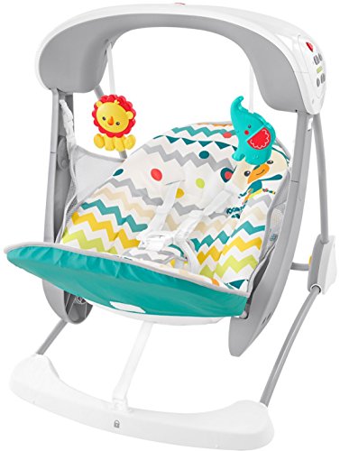 Fisher-Price Colourful Carnival Take-Along Swing and Seat, Blue/Gray Chevron, Portable Baby Swing and Stationary Infant Seat