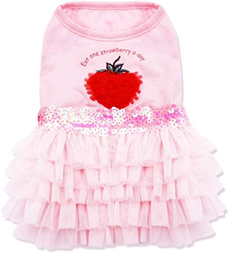 KYEESE Dog Dresses Strawberry Tiered Ruffle Dogs Dresses Pink with Sequins Medium Dog Dress for Sprimg Summer