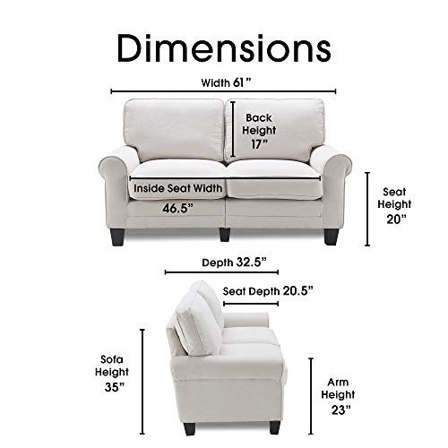 Serta Copenhagen Sofa Couch for Two People, Pillowed Back Cushions and Rounded Arms, Durable Modern Upholstered Fabric, 61" Loveseat, Cream